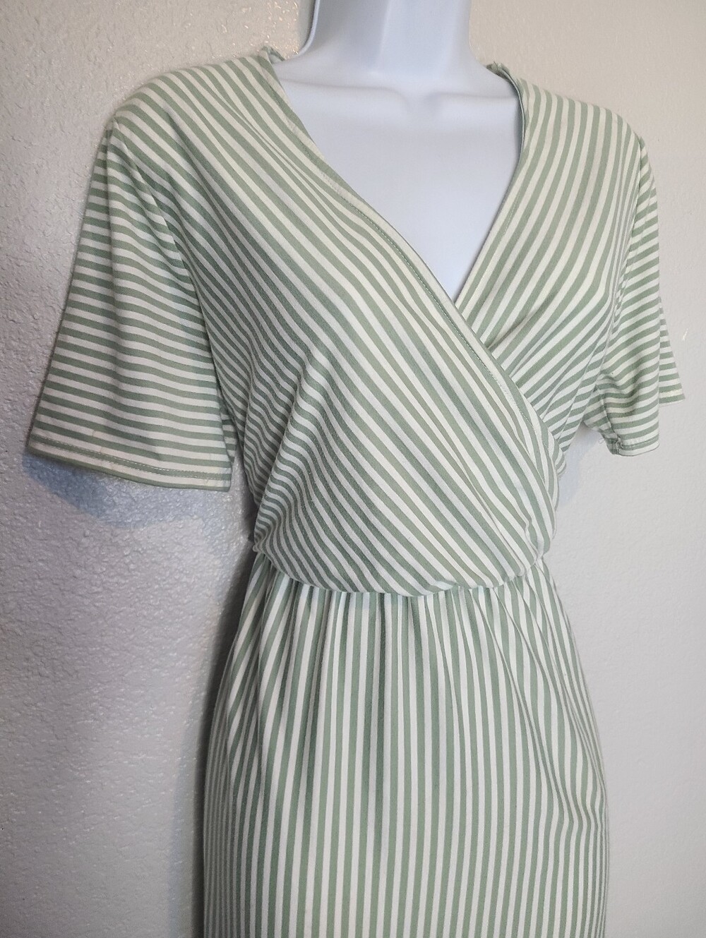 Ces Femme Striped Sage Green & Cream Mock Wrap Maxi Dress V Neck Short Sleeve - Picture 4 of 6